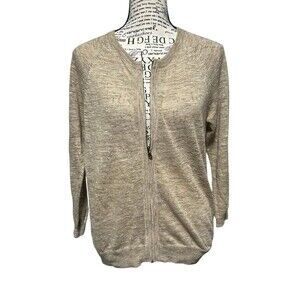 J CREW WOMEN'S TAN BEIGE MARLED LINEN BLEND ZIP UP CARDIGAN JACKET SWEATER S